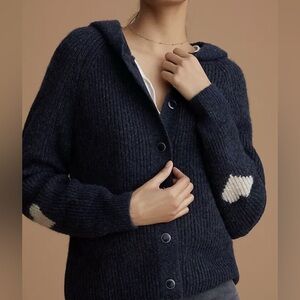 Anthropologie Dark Blue Cardigan with Cream Heart Accents 0033